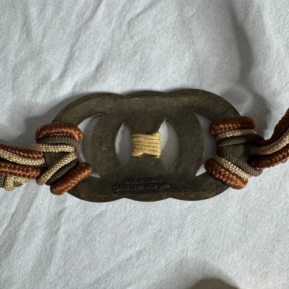 Vintage 1994 Leather Shop Brown Braided Cord Belt Brass Interlocking Ring Buckle